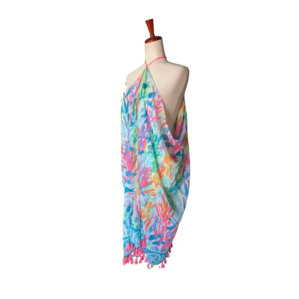 Lilly‎ Pulitzer Womens Multi Color Coral Print Halter Tassel Beach Coverup 25401